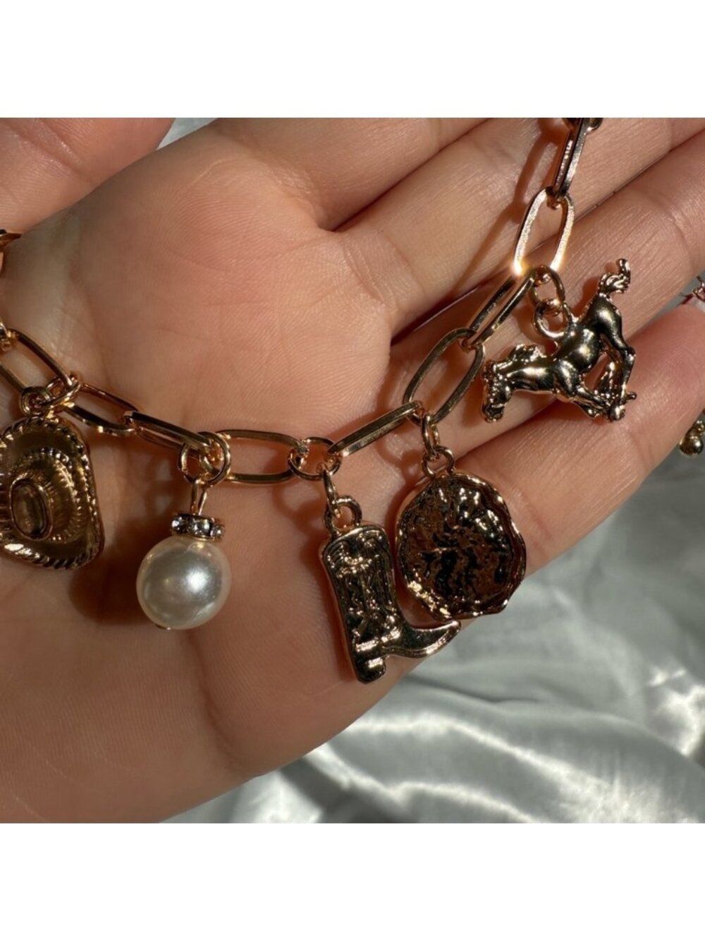 Gold Chain Western Charm Bracelet – Cowboy Boot, Hat & Pearl Charms - Picture 3 of 6